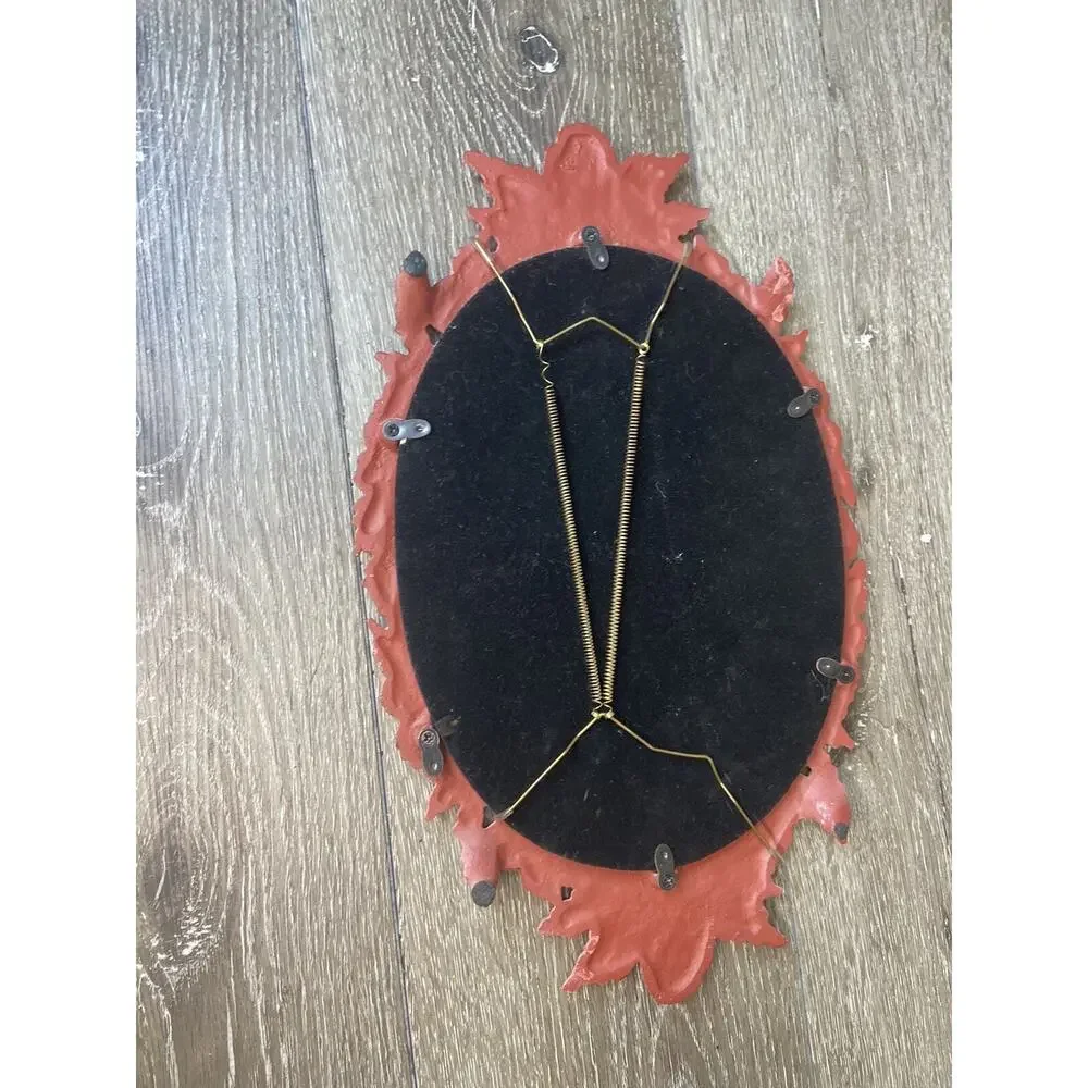 Vintage Oval Ornate Cast Metal Wall Hanging Mirror 16x9” Pink